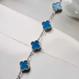 Silver-Tone Chain Bracelet with Blue Four-Leaf Clover Motifs